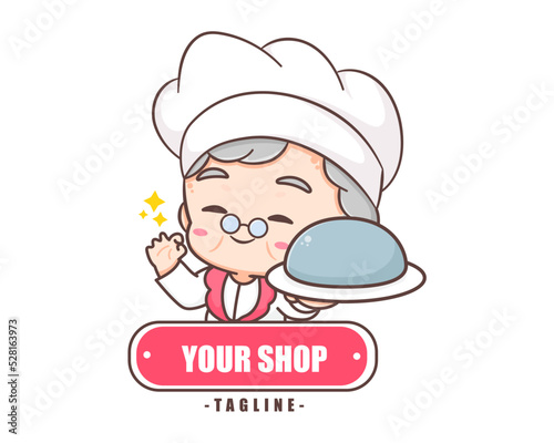 Cute grandmother chef cartoon. Grandma cooking logo vector art. People Food Icon Concept. restaurant and homemade culinary logo