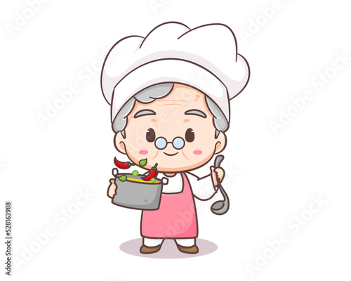Cute grandmother chef cartoon. Grandma cooking logo vector art. People Food Icon Concept. restaurant and homemade culinary logo