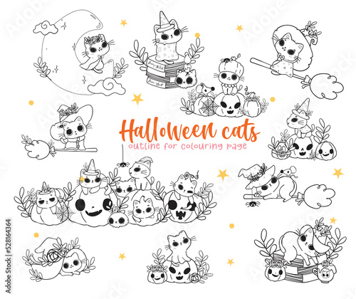 cute Halloween magic cat costume set cartoon outline doodle set vector for colouring book