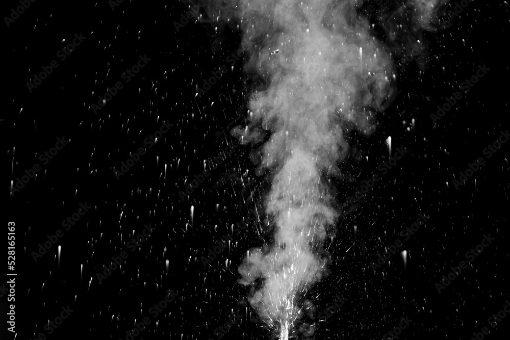 vapor steam rising over black background to overlay on your photos. Splashes and drops of water. Curly white steam rising up and splashing water scattering in different directions