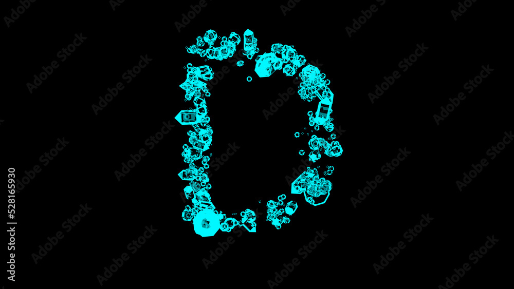 blue cartoon bijouterie clear diamonds alphabet - letter D, isolated - object 3D illustration