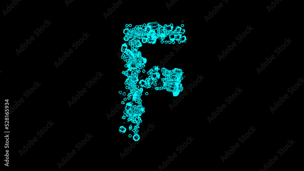 blue cartoon bijouterie clear diamonds alphabet - letter F, isolated - object 3D rendering