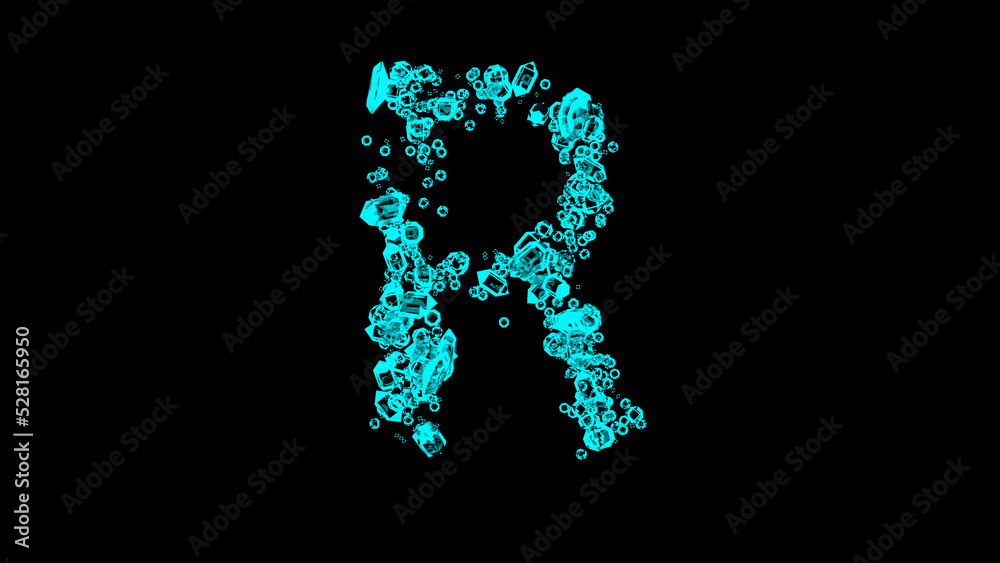 blue cartoon bijouterie transparent brilliants font - letter R, isolated - object 3D illustration