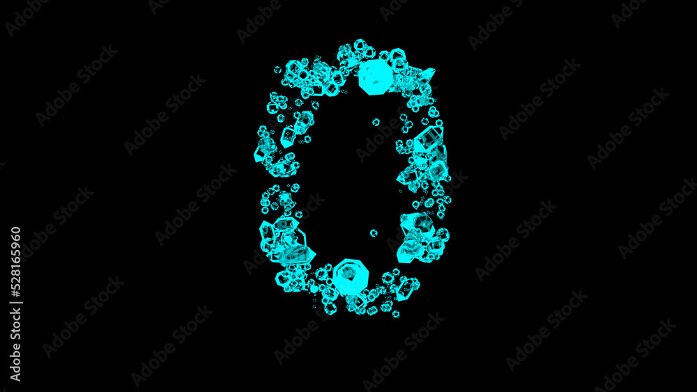 blue cartoon jewelry transparent diamonds alphabet - number 0, isolated - object 3D rendering
