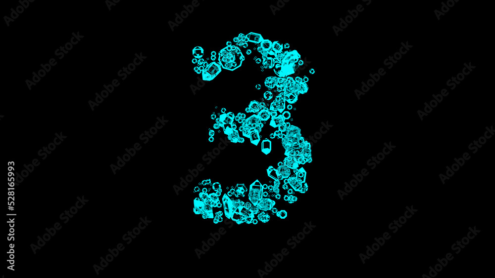 blue cartoon jewellery clear brilliants font - number 3, isolated - object 3D rendering