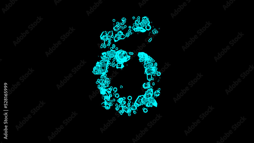 blue cartoon bijouterie clear brilliants alphabet - number 6, isolated - object 3D rendering