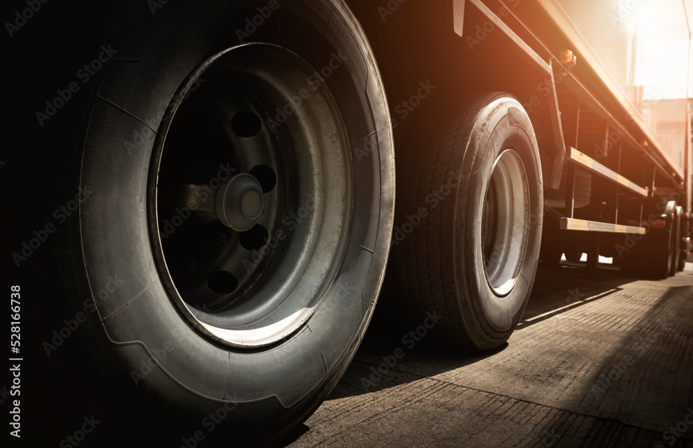 Big Semi Truck Wheels Tires. Rubber, Wheel Tyres. Freight Trucks Transport Logistics.	