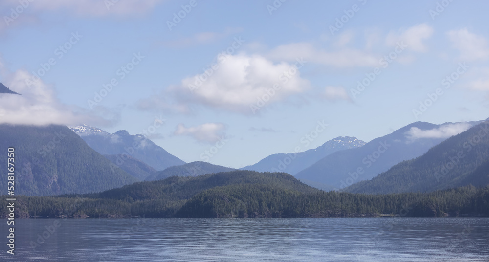Canadian Nature Landscape with trees and mountains. Sunny Summer morning. Near Tofino and Ucluelet, Vancouver Island, BC, Canada. Background.