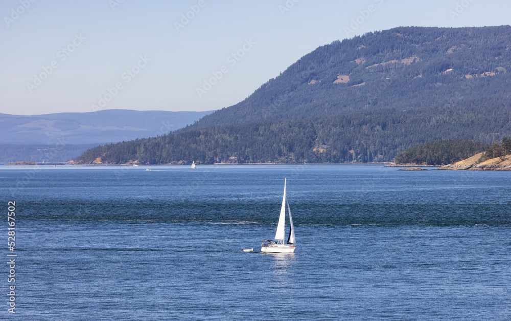 Sailboat in Canadian Landscape by the ocean and mountains. Summer Season. Gulf Islands near Vancouver Island, British Columbia, Canada. Canadian Landscape. Sailboat in Canadian Landscape by the ocean and mountains. Summer Season. Gulf Islands near Vancouver Island, British Columbia, Canada. Canadian Landscape.