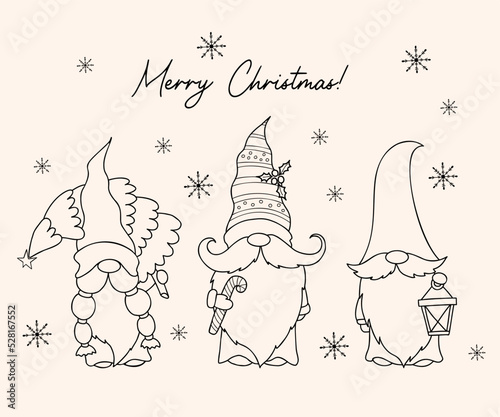 Collection cute scandinavian gnomes. Winter gnome with christmas tree, lantern and caramel stick. Vector illustration. Linear hand drawing in Doodle style. Isolated cartoon christmas characters.