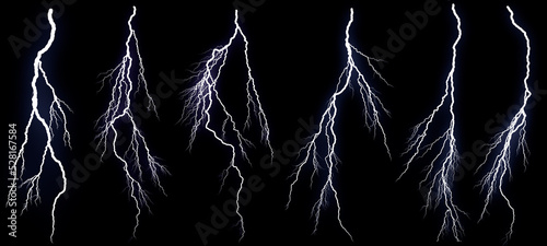Set of different lightning bolts isolated on black background