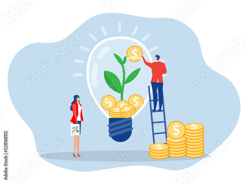 Businessman  drop coin light bulb with seedling green plant for invest ,ESG or Social and Corporate Governance ESG  renewable, green, safe and long term source concept vector illustration.