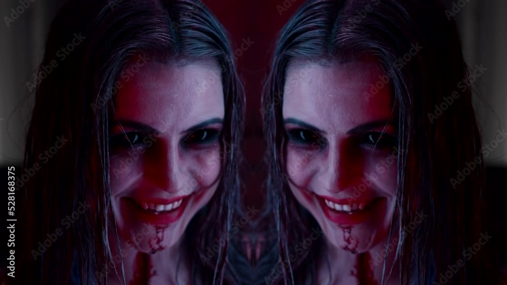 portrait of possessed by devil woman with black demonic eyes and bloody mouth, double collage portrait of possessed by devil woman with black demonic eyes and bloody mouth, double collage