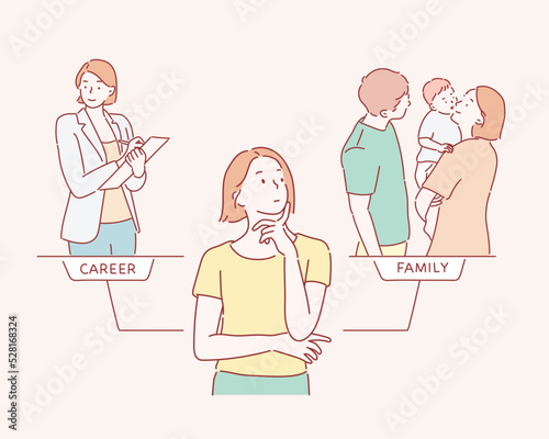 Woman choosing between family or parent responsibilities and career or professional success. Hand drawn style vector design illustrations.