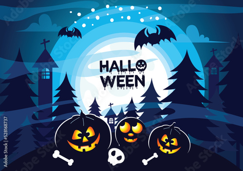 Spooky Halloween fantasy vector castle witch pumpkin bat blue moonlight background illustrations.