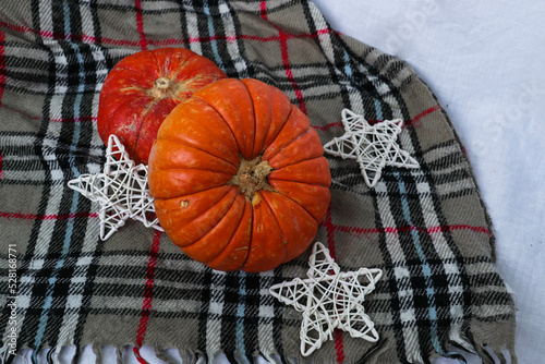 two pumpkins red and orange on the background of a brown checkered plaid with stars for halloween, pie and thanksgiving