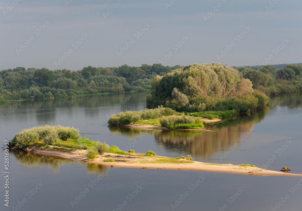 Summer. Morning light. A bend in a large river, an island, a sandbank. Forest and bush