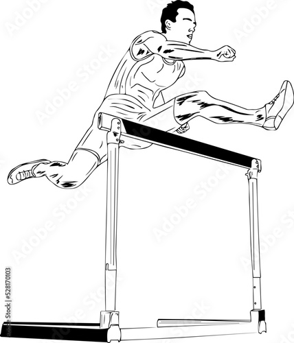 Hurdles racing vector, hurdle race man barrier running cartoon doodle , outline sketch drawing of hurdle race , racing man character mascot
