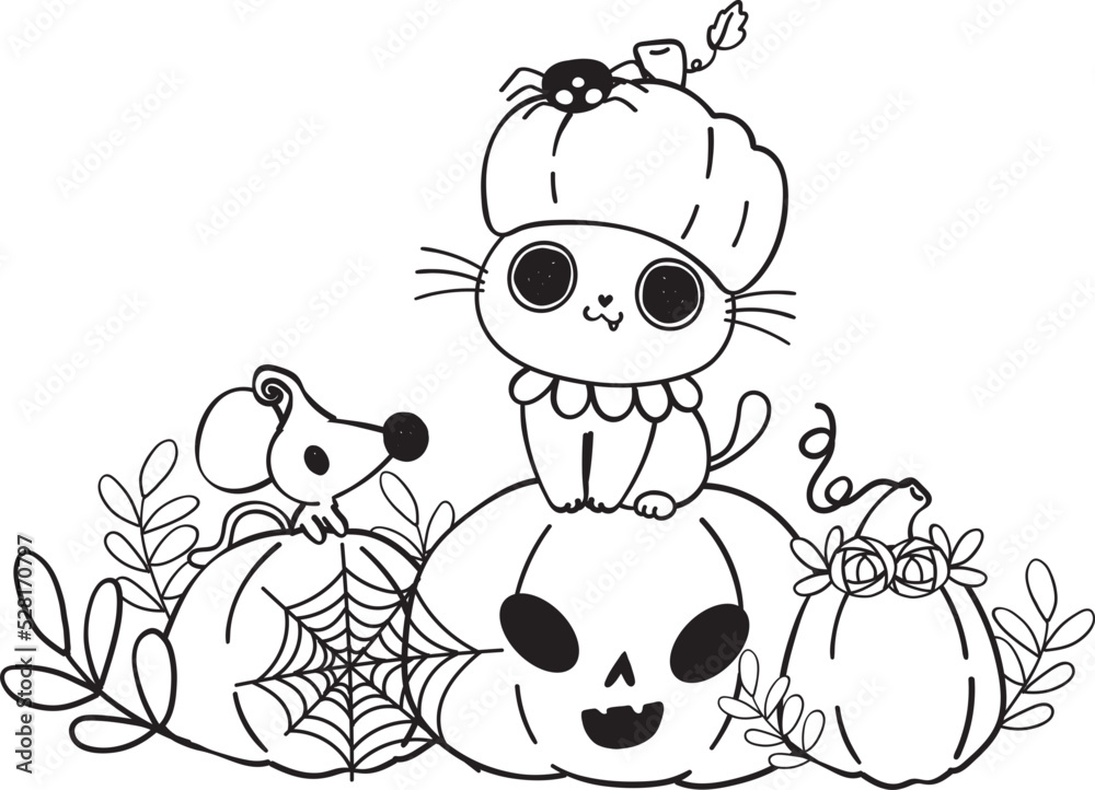 Obraz premium cute Halloween magic witch cat cartoon outline doodle vector for colouring book