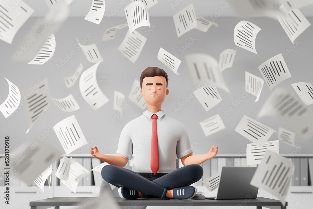 Cartoon character businessman seat on table at white office lotus pose relaxing meditate with falling papers deadline stress situation. Cartoon character businessman seat on table at white office lotus pose relaxing meditate with falling papers deadline stress situation.