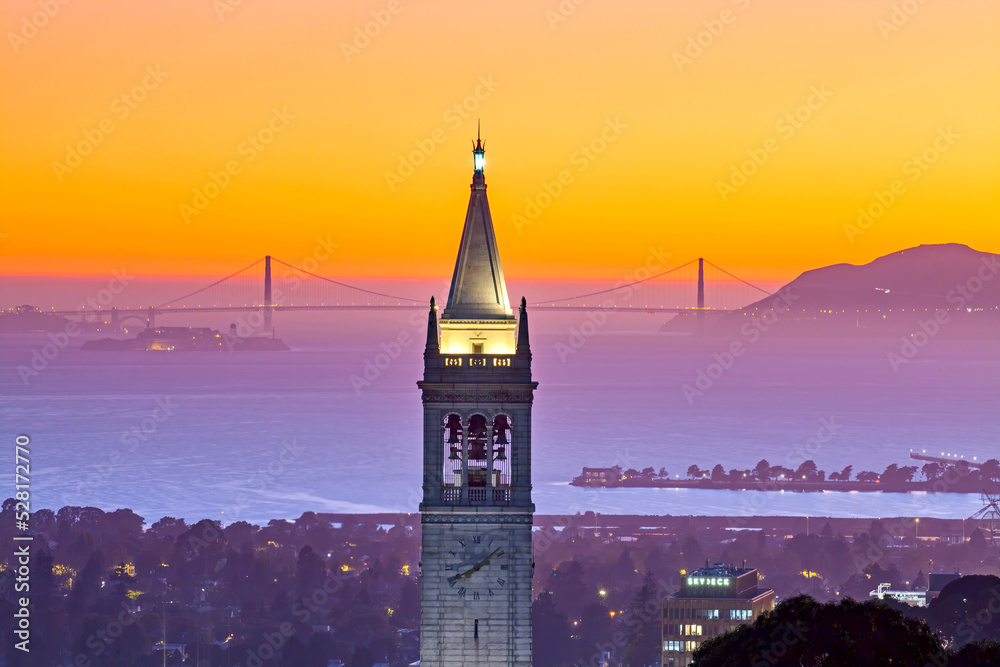 Suther Tower in UC Berkeley with Golden Gate Bridge as Background, California