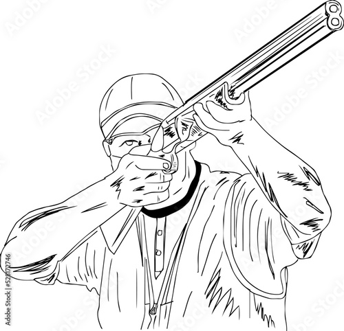 Skeet shooting game vector, out line sketch drawing of skeet shooting game, silhouette of shooter athlete, shooting game logo