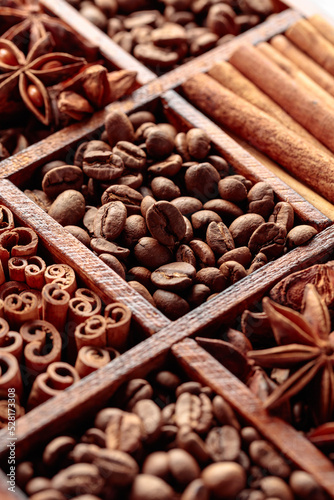 Coffee beans with spices.