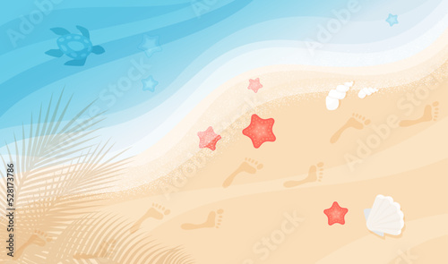 Footprints on sand beach, top view vector illustration. Cartoon tourists foot prints on sea or ocean coast with blue waves, turtle, starfish and palm leaf shadow background. Summer vacation concept