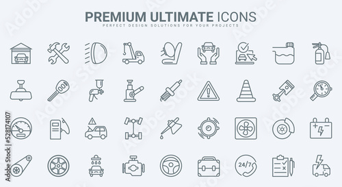 Car maintenance service, workshop garage equipment thin line icons set vector illustration. Outline pictogram of mechanic tools to repair engine and change tires, road safety sign and emergency call