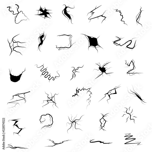 Set Black Collection Simple Line Cracked, Damaged, Hole, Earthquake, Destruction Doodle Outline Nature Element Vector Design Style Sketch Isolated Illustration