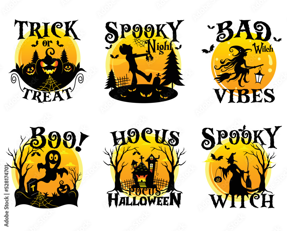 Set of Halloween lettering with yellow moon background. T-shirt vector design