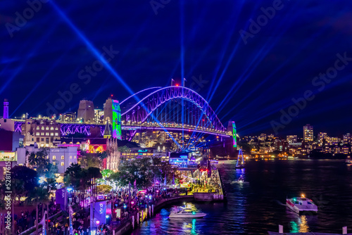 冬のシドニーのイベント・ビビッドシドニーで見た、紫にライトアップされるハーバーブリッジと周辺の夜景