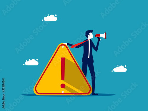 Announcing breaking news or warnings. Businessman announces on megaphone with exclamation mark vector