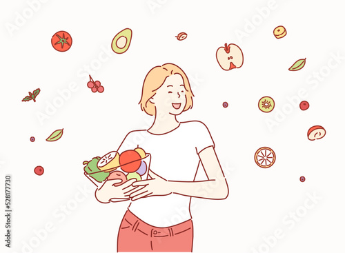 Portrait of a happy playful girl eating fresh salad from a bowl. Hand drawn style vector design illustrations.