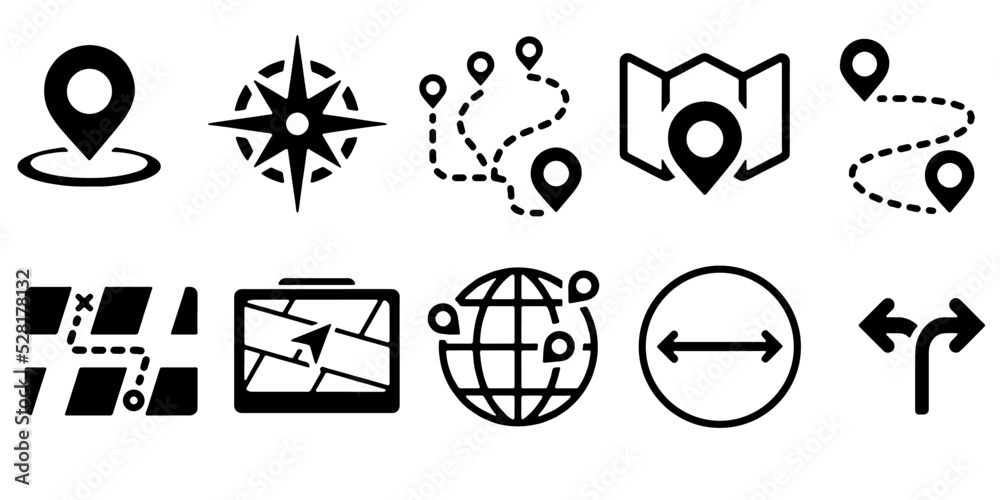 Map and location symbols set. Mapping icon collection. Geolocation map