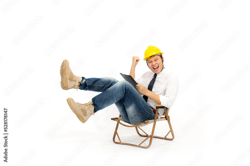 Full length photo of attractive crazy business man or engineering man sitting and holding document file,happy high supporting stock market up wear striped t-shirt jeans shoes isolated on white.