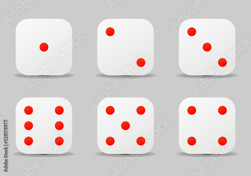 Dice sides or dice faces icon set in flat style design with shadow effect, isolated on grey background. White six sided dice with red dots. Vector illustration.