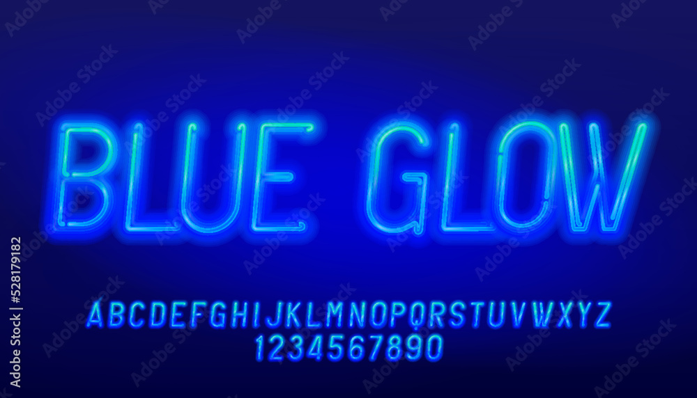 Blue Glow alphabet font. Blue neon letters and numbers. Stock vector typeface for your design. Blue Glow alphabet font. Blue neon letters and numbers. Stock vector typeface for your design.