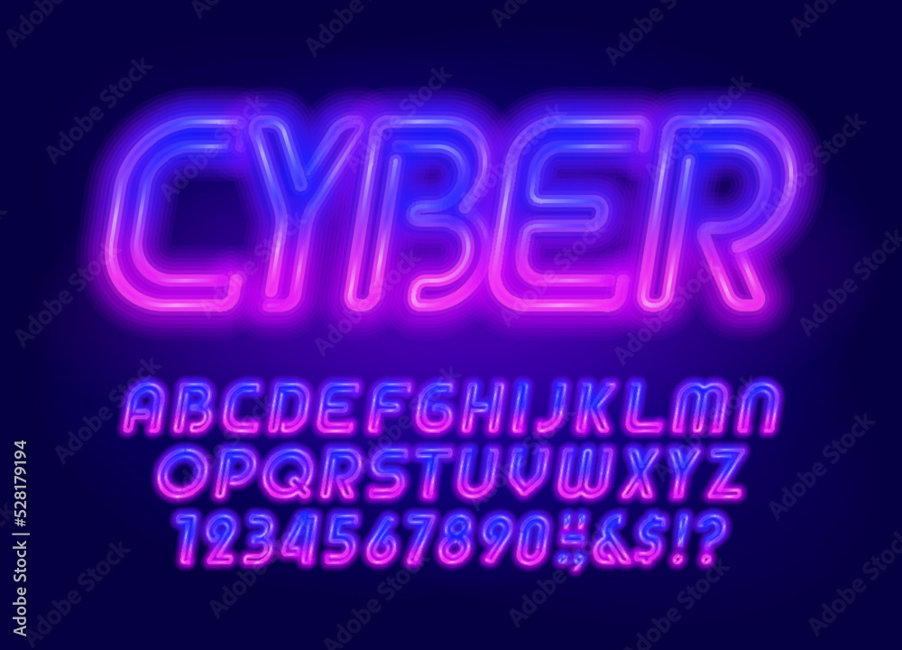 Cyber alphabet font. Two neon colors letters and numbers. Stock vector typeface for your design.