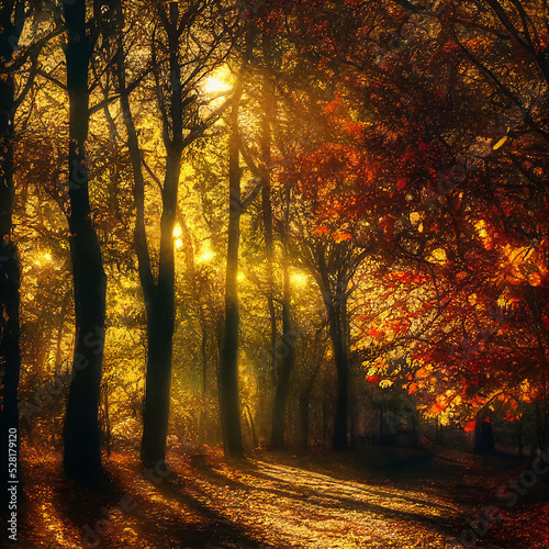 Autumn trees in park alley forest