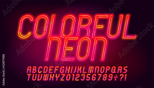 Colorful Neon alphabet font. Neon letters and numbers. Stock vector typeface for your design.