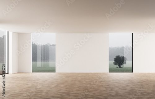 3d illustration empty space. Basic area without decoration. White walls with three windows overlooking the outside. Parquet floor. wide area