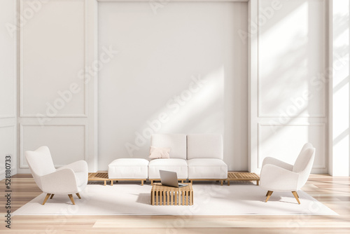 Light relax interior with soft place and coffee table. Mockup wall