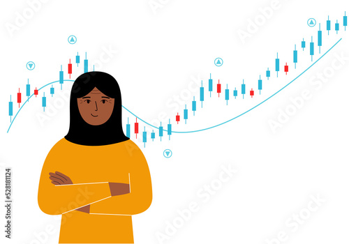 A arab woman on the background of a Forex chart. Conceptual illustration on the topic of strategic planning in trading on the stock exchange.