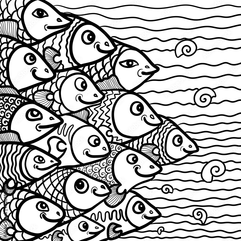 Fototapeta premium pattern with fishes black and white coloring digital illustration
