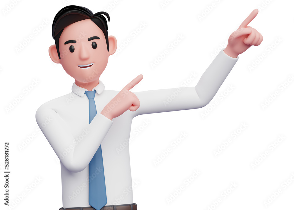 businessman in white shirt raising both hands pointing to the top right corner, 3d illustration of a businessman pointing to the top right corner with both finger businessman in white shirt raising both hands pointing to the top right corner, 3d illustration of a businessman pointing to the top right corner with both finger