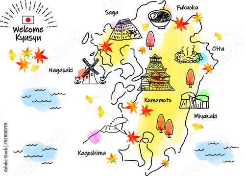 秋の九州の観光地シンプル線画イラストマップ