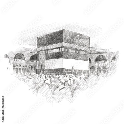 pencil drawing of muslims circumambulating the kaaba photo