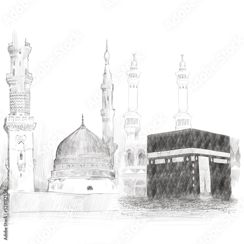 kaaba and masjid prophetic pencil drawing photo