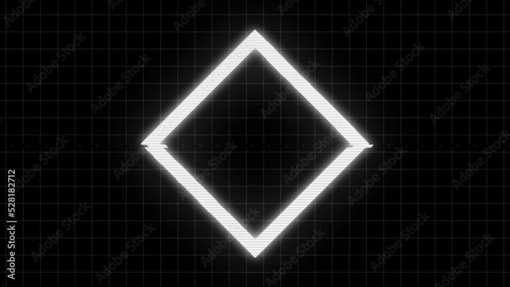 Glitch rhombus. Looped animation of glowing glitch rhombus on black background with laser grid. Animated promotion banner template with geometry shape with distortion effect for sales events.